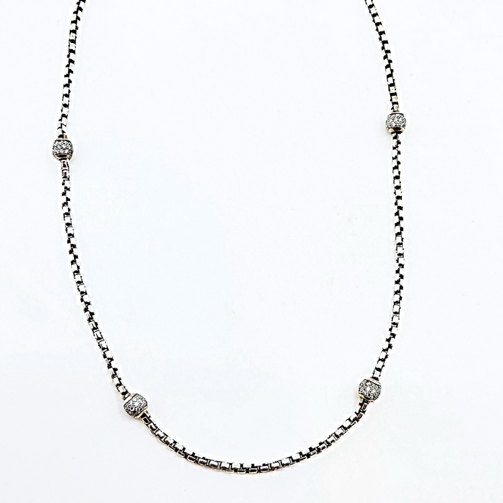 David Yurman Pave Diamond Bead Station Sterling Silver 16 Necklace Preowned Euc